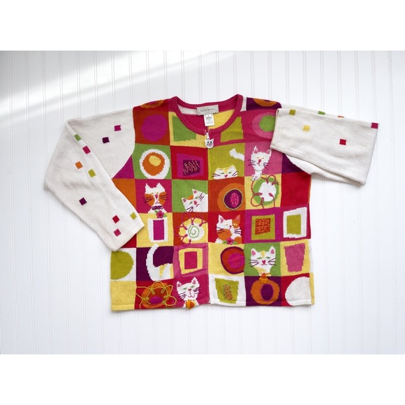 vtg Susan Bristol y2k cartoon cat patchwork embroidered cardigan sweater XL - Picture 1 of 7